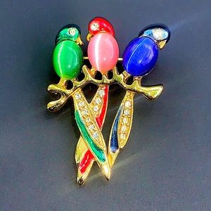 3 Multi-Colored Birds On Branch Fashion Brooch Pin
